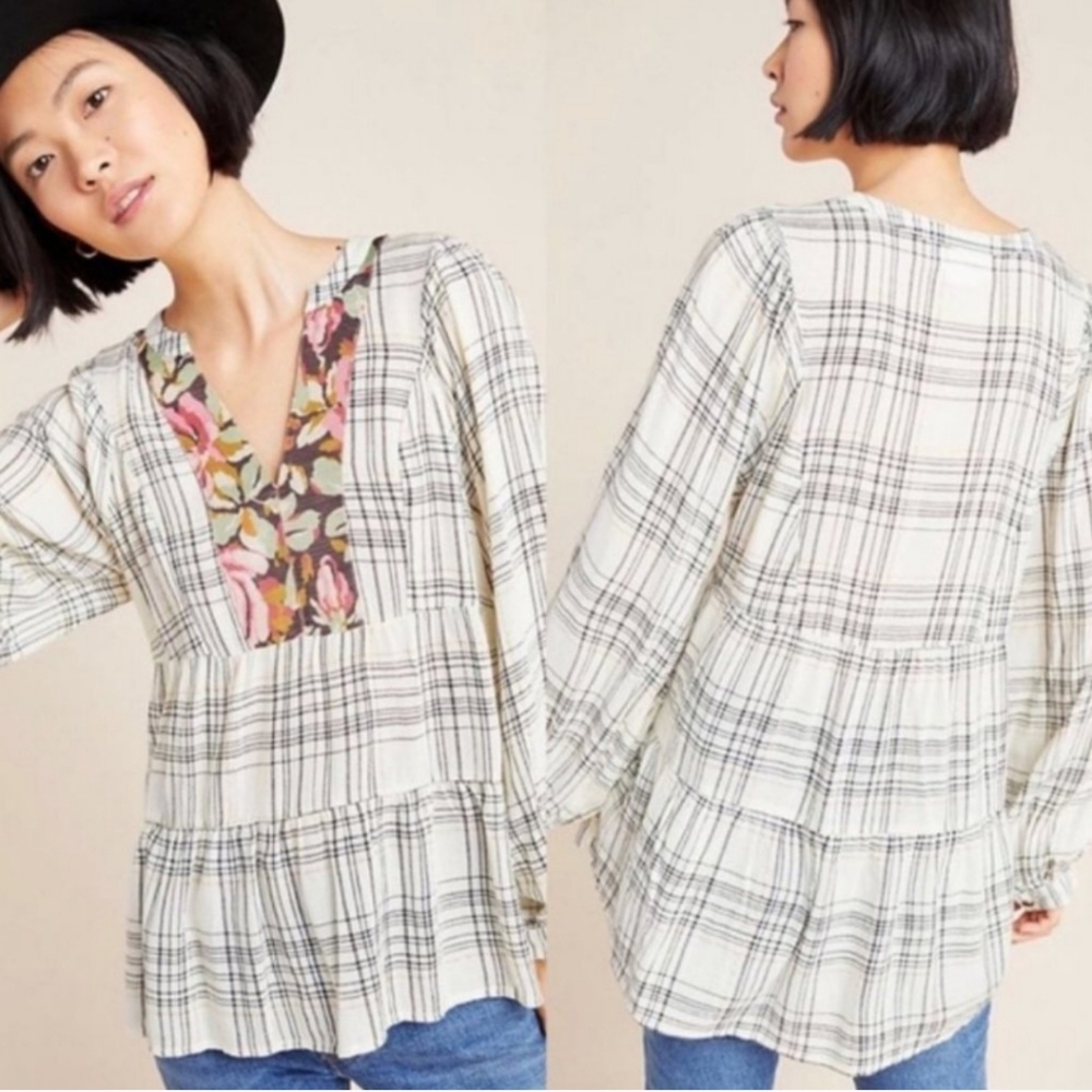 Anthropologie Boho Plaid Peasant Prairie Cottagecore Floral Darlene Blouse